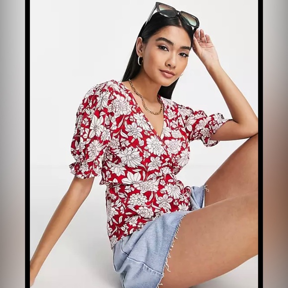 Mango new floral red print frill tie blouse size xs - Picture 2 of 8